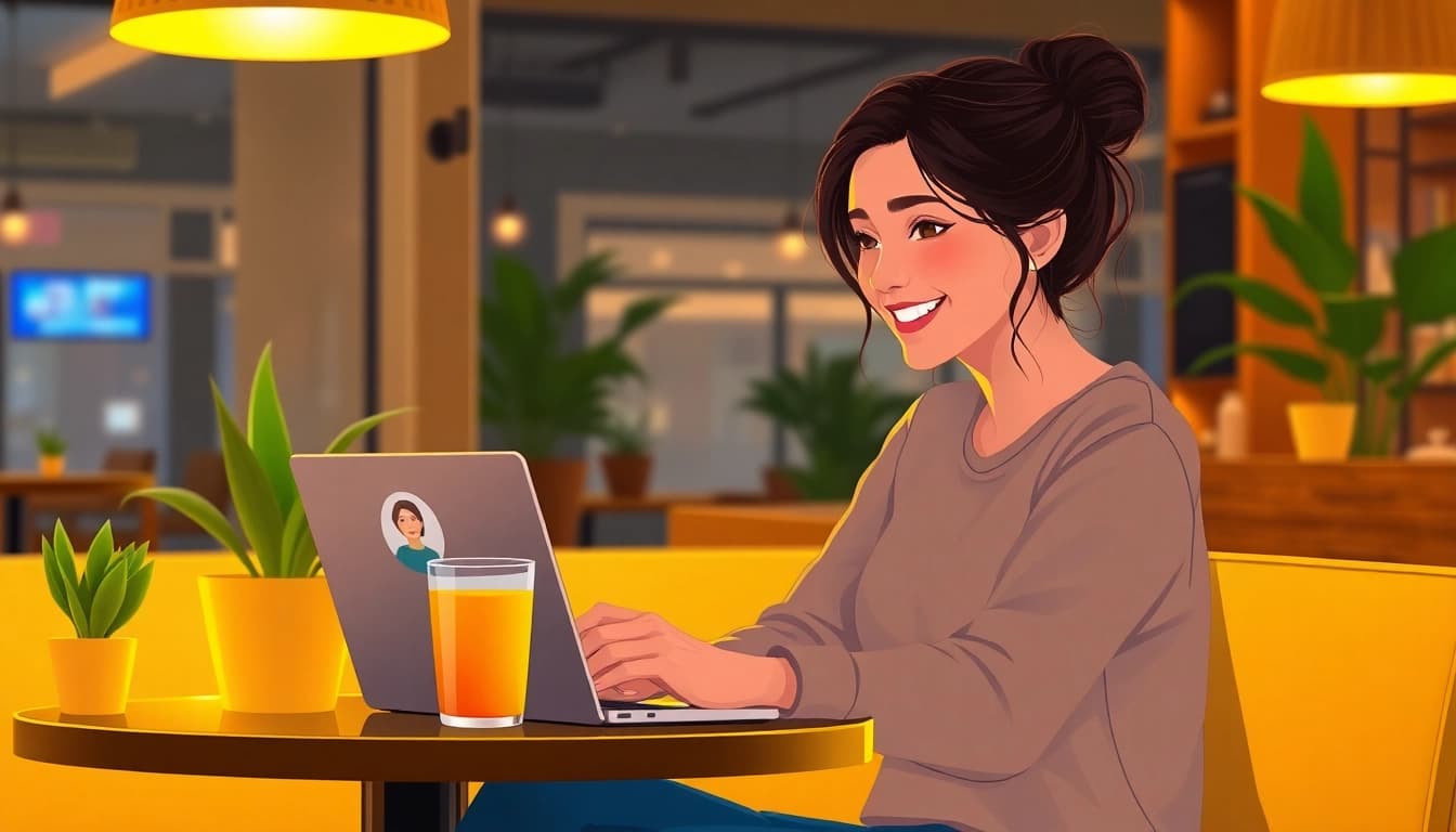 Engaging with a girlfriend AI on a laptop in a cozy cafe setting.