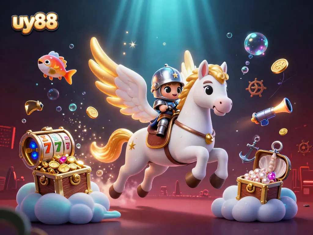 Experience thrilling slots and rewards at uy88 with captivating 3D illustration of gaming excitement.