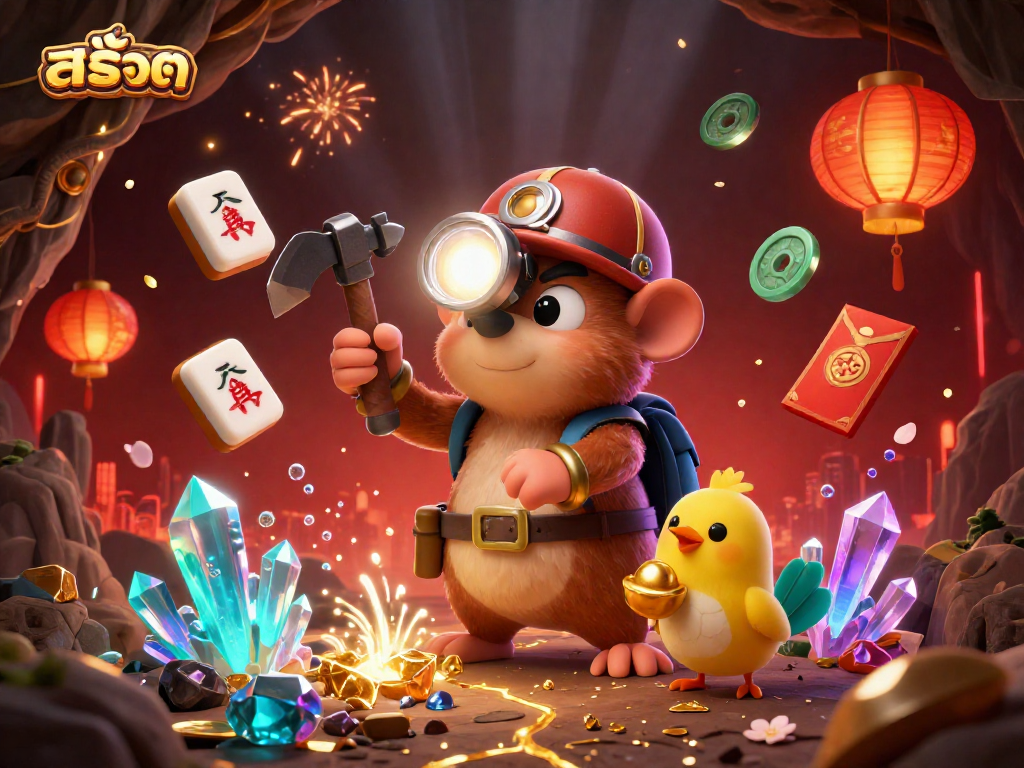 Spin สล็อต reels with a treasure hunter mole and glowing gems amid festive decorations.