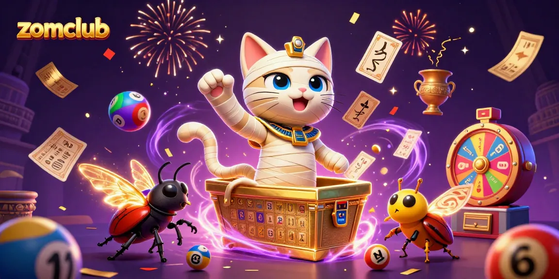 Zomclub features an Egyptian mummy cat in a vibrant casino celebration with dynamic game elements.