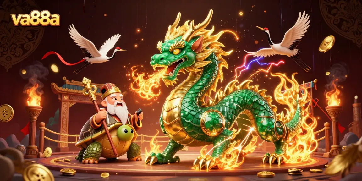 Experience thrilling gaming action with va88a: a jade dragon, turtle sage, and lucky cranes in a vibrant casino setting.