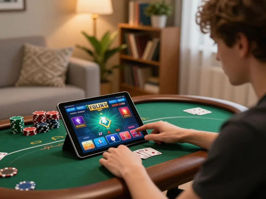 Player engaging with net88 on a tablet for online casino gaming in a cozy home setting.