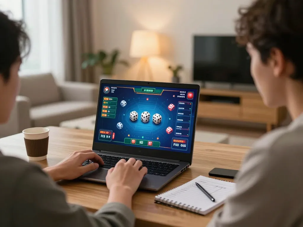 Engaging in tai xiu online gameplay with vibrant interface displayed on screen, cozy gaming setup