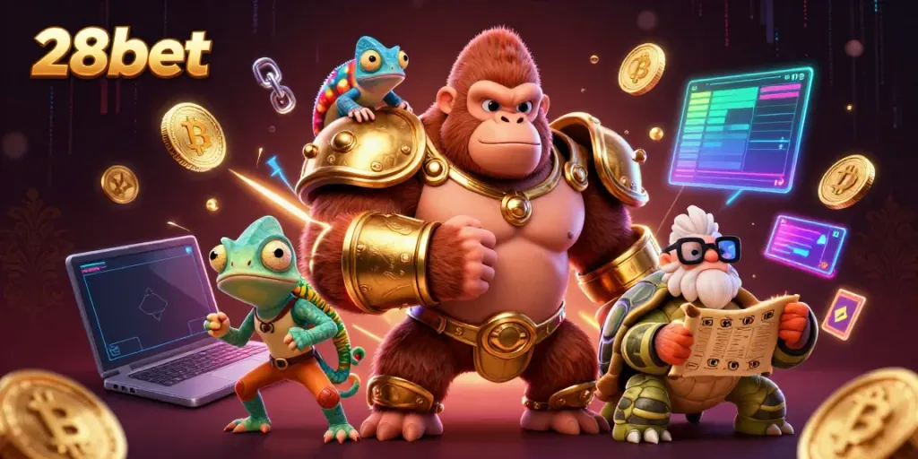 Experience excitement at 28bet with a vibrant 3D casino scene illustrating thrilling gambling elements.