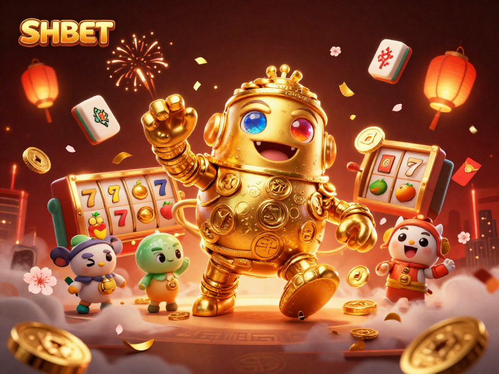SHBET reels spin as the golden golem dances surrounded by vibrant casino elements.