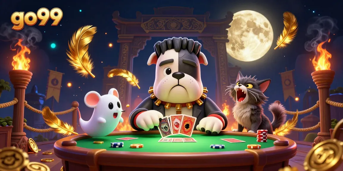 go99 offers thrilling gambling action with a cartoon bulldog dealer surrounded by vibrant casino elements.