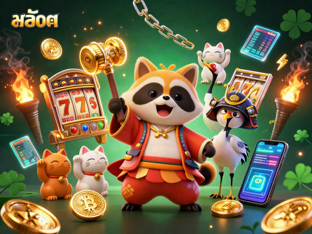 Engage with สล็อต in a vibrant 3D scene showcasing a cheerful tanuki and crypto elements.