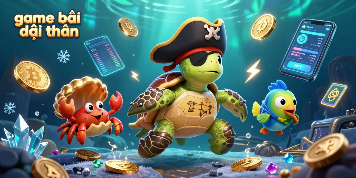 Engage in game bài đổi thưởng with a colorful underwater scene featuring a pirate turtle, crab, and parrotfish.