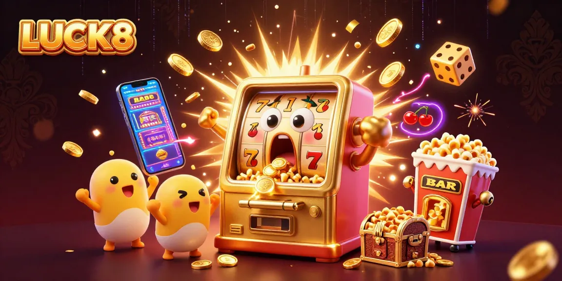 Experience the thrilling LUCK8 jackpot as a golden slot machine celebrates while coins explode in a vibrant casino scene.