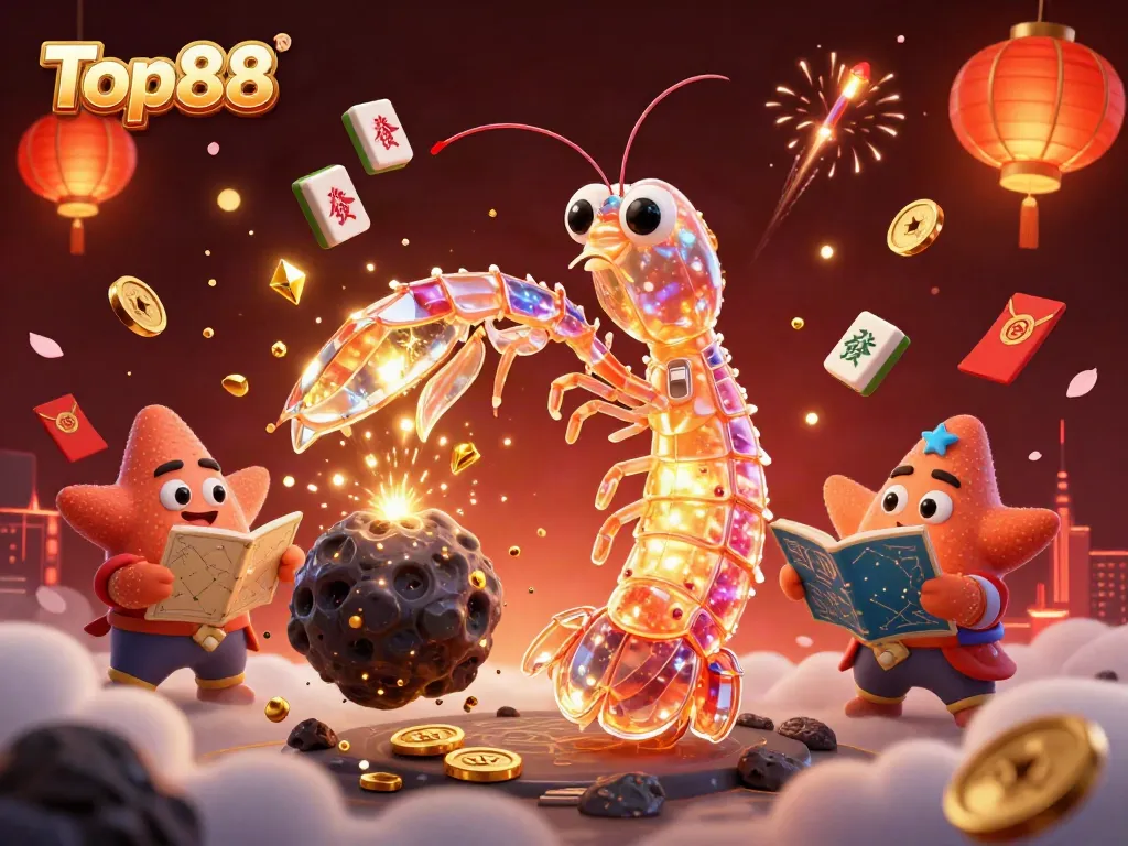 Top88 showcases a galactic mantis shrimp battling through an asteroid, surrounded by casino elements.
