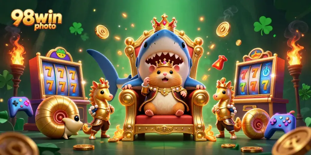 Spin the reels with vibrant elements in this 98win photo casino-themed illustration showcasing a golden hamster king and dynamic game elements.