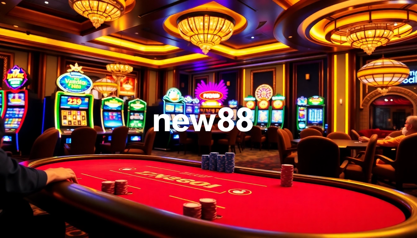 Play exciting poker with new88 at a luxurious casino table featuring vibrant colors and festive decor.