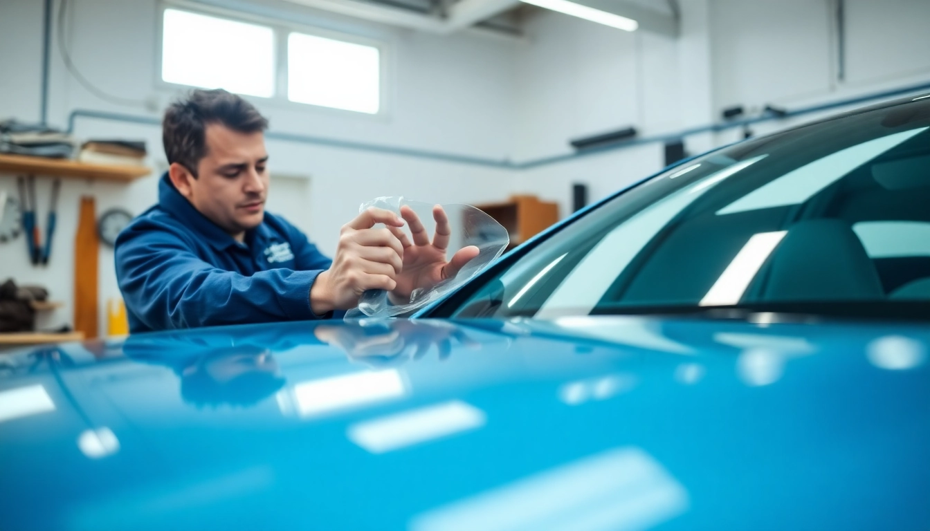 Enhance PPF winter road salt protection with a technician applying Paint Protection Film to a car in a well-lit garage.