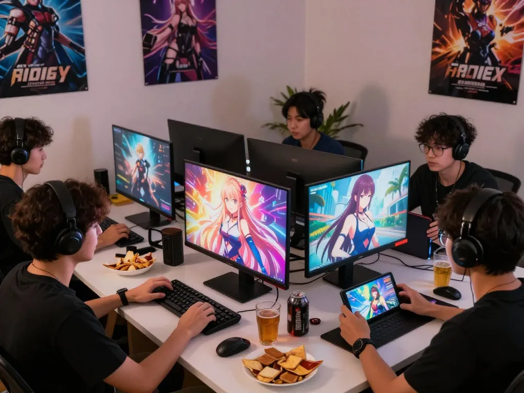 Players enjoying hentai games in a cozy home setting with vibrant screens and snacks.