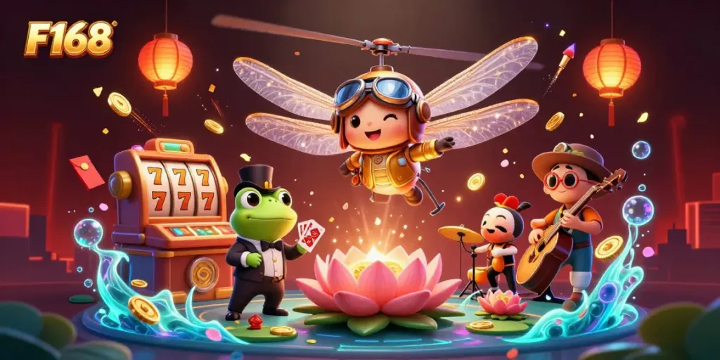 Experience vibrant gaming at F168 with a dazzling casino scene and dynamic characters.
