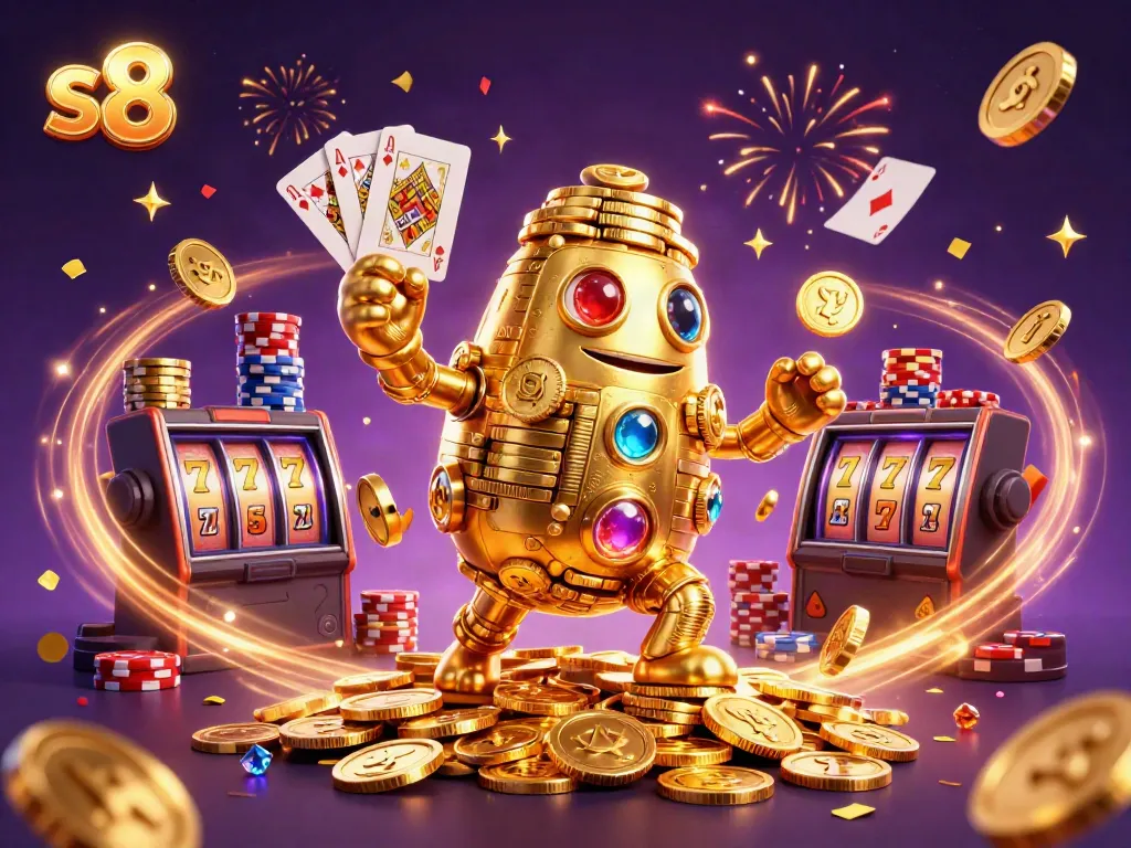 Experience thrilling gameplay at s8 with a golden golem surrounded by coins and cards.