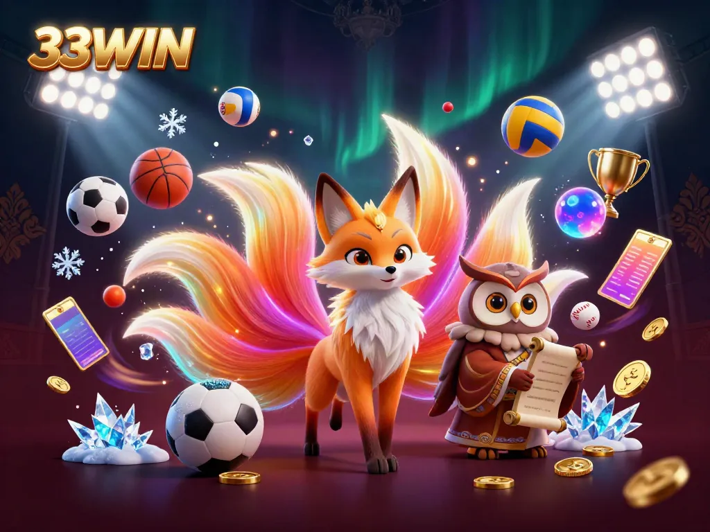 Trải nghiệm cờ bạc đẳng cấp cùng 33WIN với hình ảnh về linh vật và các sản phẩm thể thao hấp dẫn.