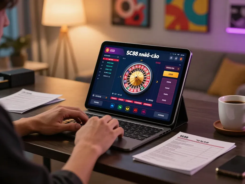 Engaging online gaming moment with SC88 nhà cái displayed on tablet, showcasing excitement and convenience in gambling.
