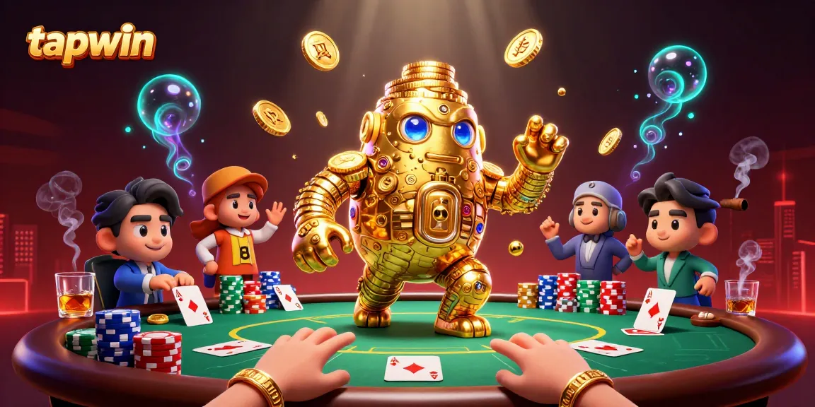 Experience the thrill at tapwin with golden golem, poker chips, and vibrant casino elements.