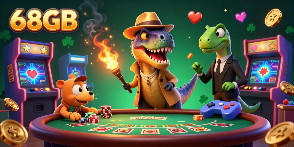 Engage in thrilling gameplay with 68GB at a vibrant blackjack table featuring dynamic characters and casino elements.