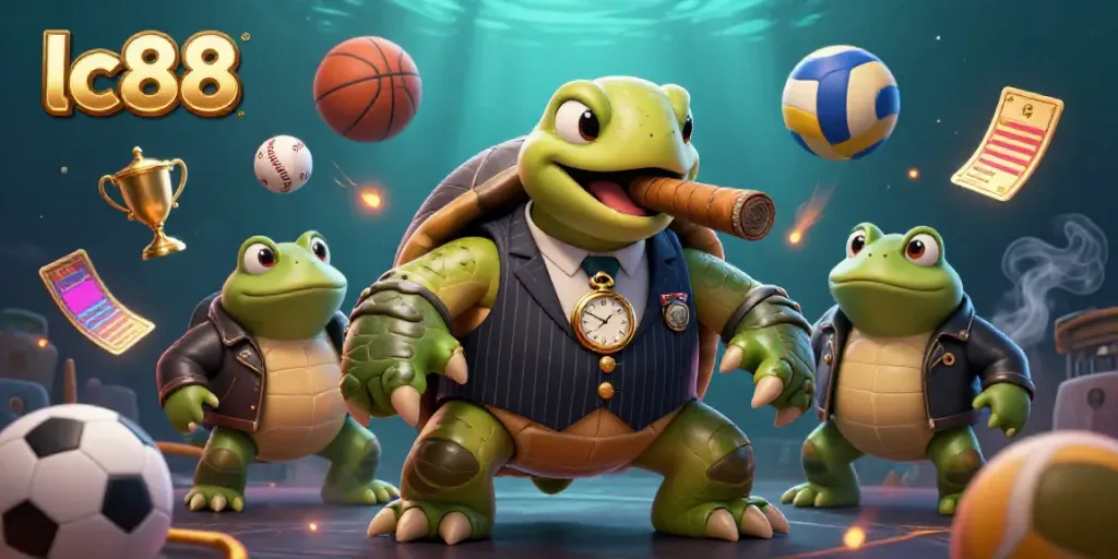 Engage with lc88’s thrilling casino games alongside a mobster turtle and bullfrogs in a vibrant gambling scene.