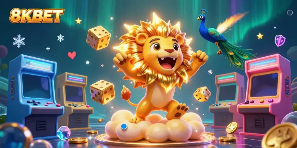 Chơi game thú vị tại 8KBET với sư tử mặt trời 3D và xúc xắc vàng bên trong không gian đầy màu sắc.