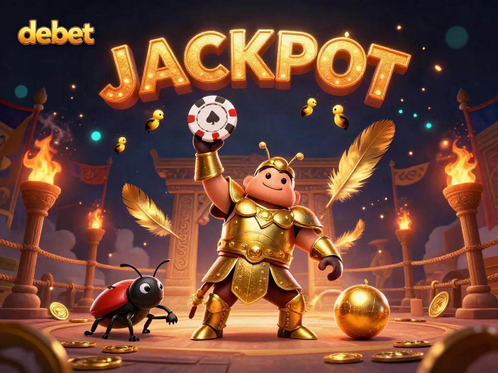 Engaging depiction of debet's gambling triumphs with a victory beetle and glowing JACKPOT fireflies.