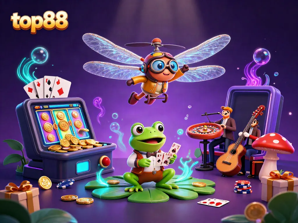 Experience the thrill at top88 with our vibrant dragonfly pilot and frog croupier in a lively casino.