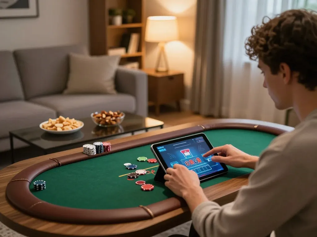 Luck8 dad playing live dealer blackjack on tablet in cozy home setting and enjoying online gambling.