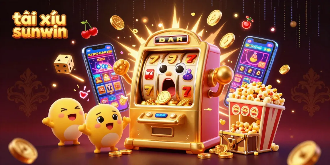 Engaging illustration highlighting tài xỉu sunwin with jubilant slot machines, confetti, and gaming excitement.