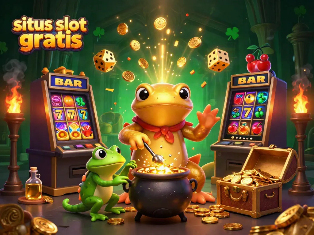 Experience the excitement of situs slot gratis with a vibrant 3D illustration of alchemical adventures and casino features.