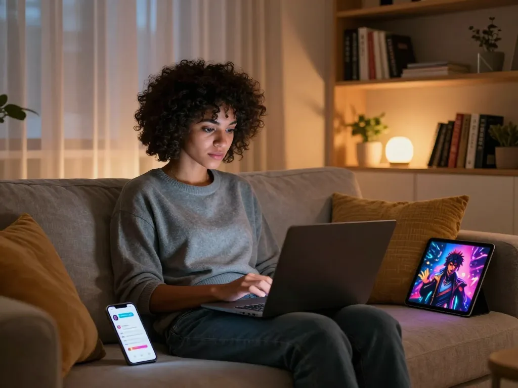 User immersed in an ai nsfw chat on a laptop in a cozy setting, highlighting intimate digital interactions.