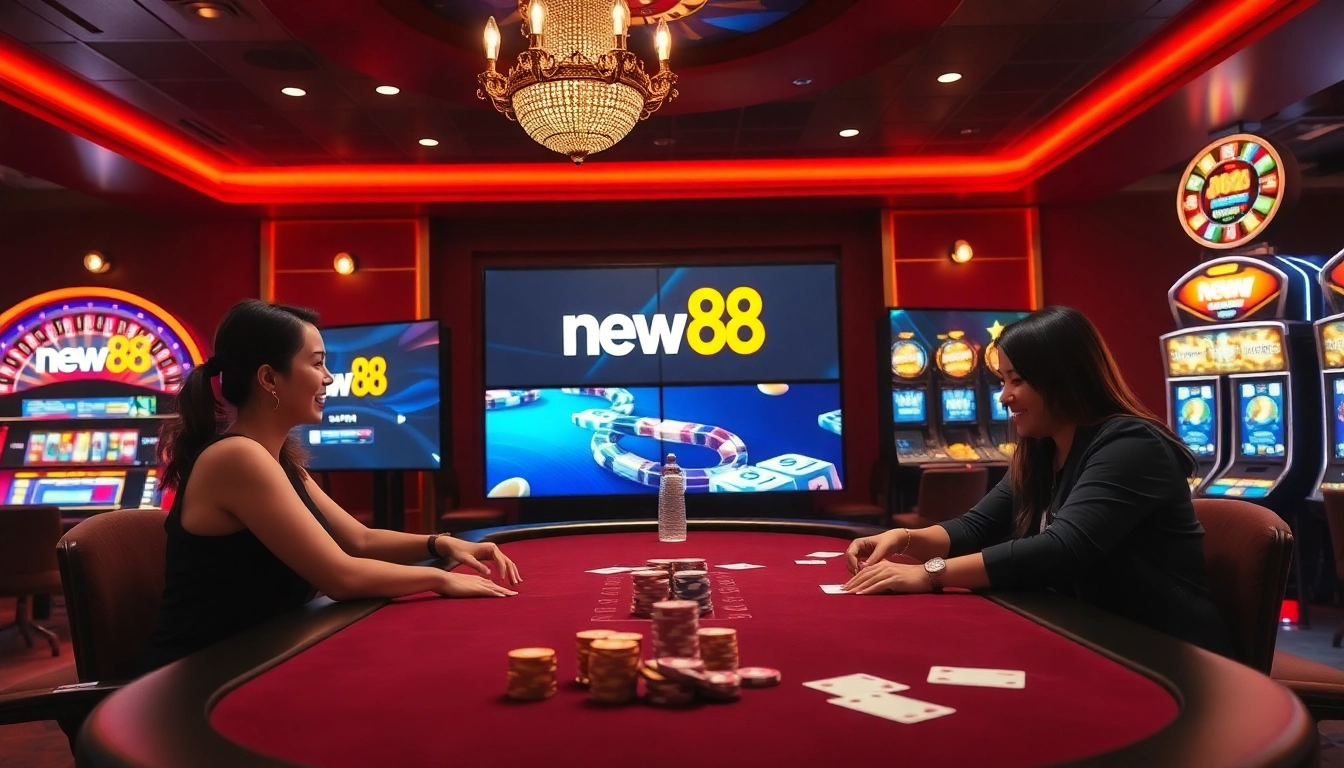 Excited players enjoy poker at a luxurious casino, showcasing new88 branding and vibrant gambling elements.