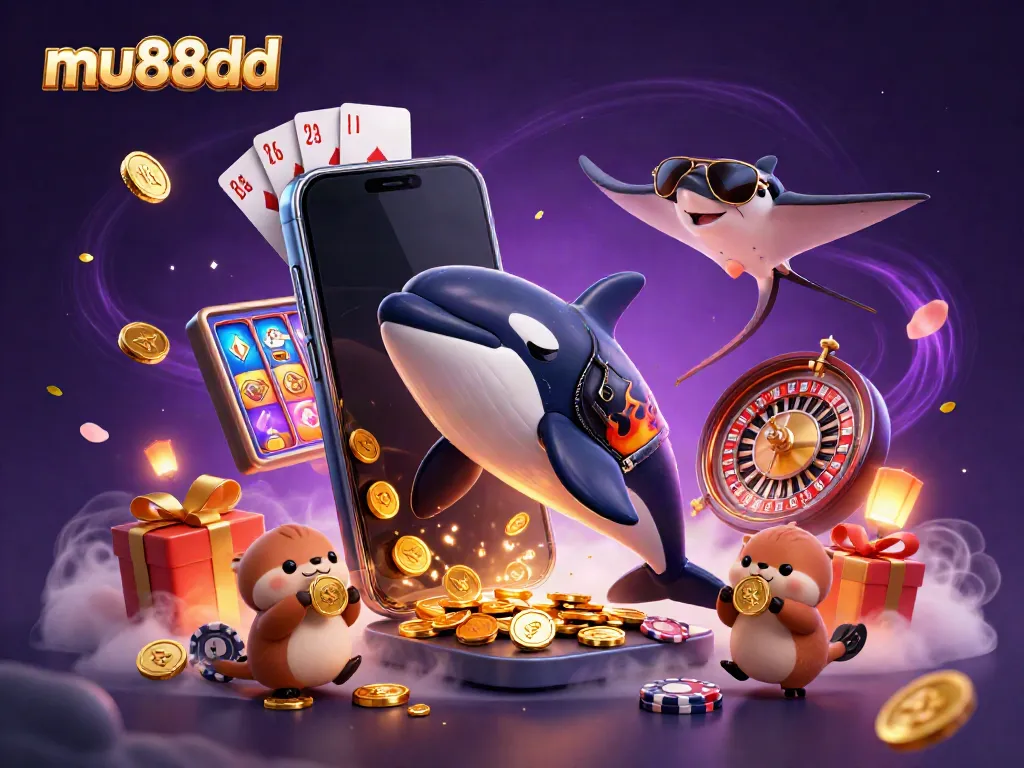 Experience the excitement of mu88dd with animated characters celebrating wins amidst a vibrant casino scene.