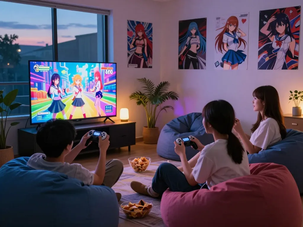 Playing a hentai game in a cozy gaming den with friends.