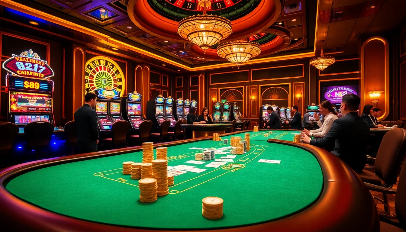 A vibrant casino scene featuring Hi88 with players at a poker table and slot machines.
