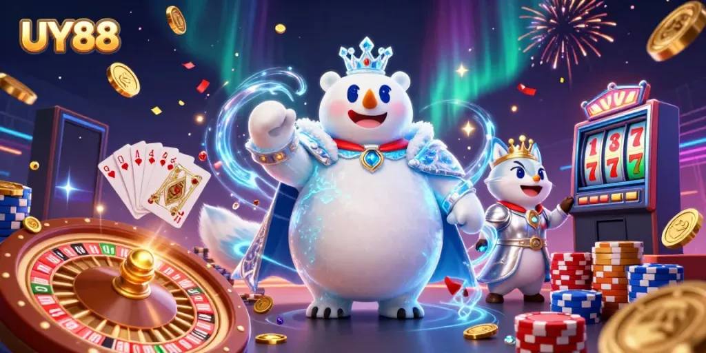 Hình ảnh UY88 với chủ đề casino, thể hiện những trò chơi cá cược hấp dẫn và phần thưởng đa dạng.