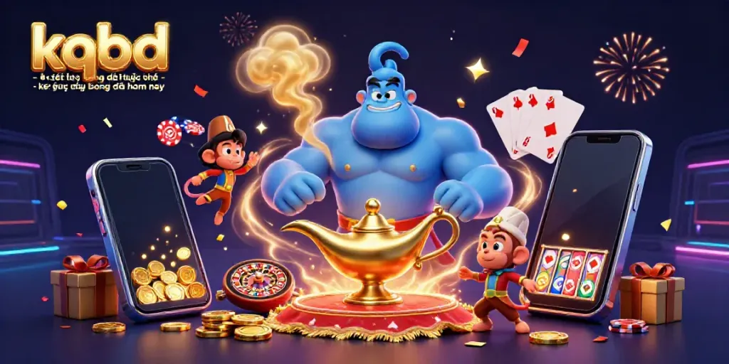 Engaging scene of kqbd - kết quả bóng đá trực tuyến - kết quả bóng đá hôm nay, showcasing a dynamic genie and monkey amidst casino elements.