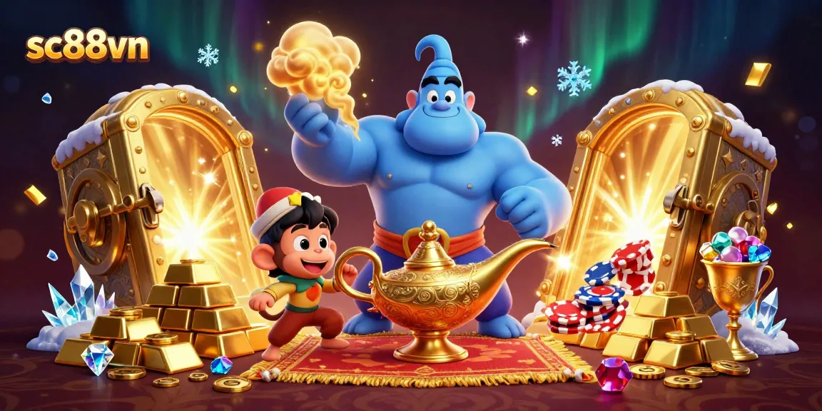 Experience thrilling gaming action at sc88vn with a massive genie, a monkey, and a colorful carpet of poker chips.