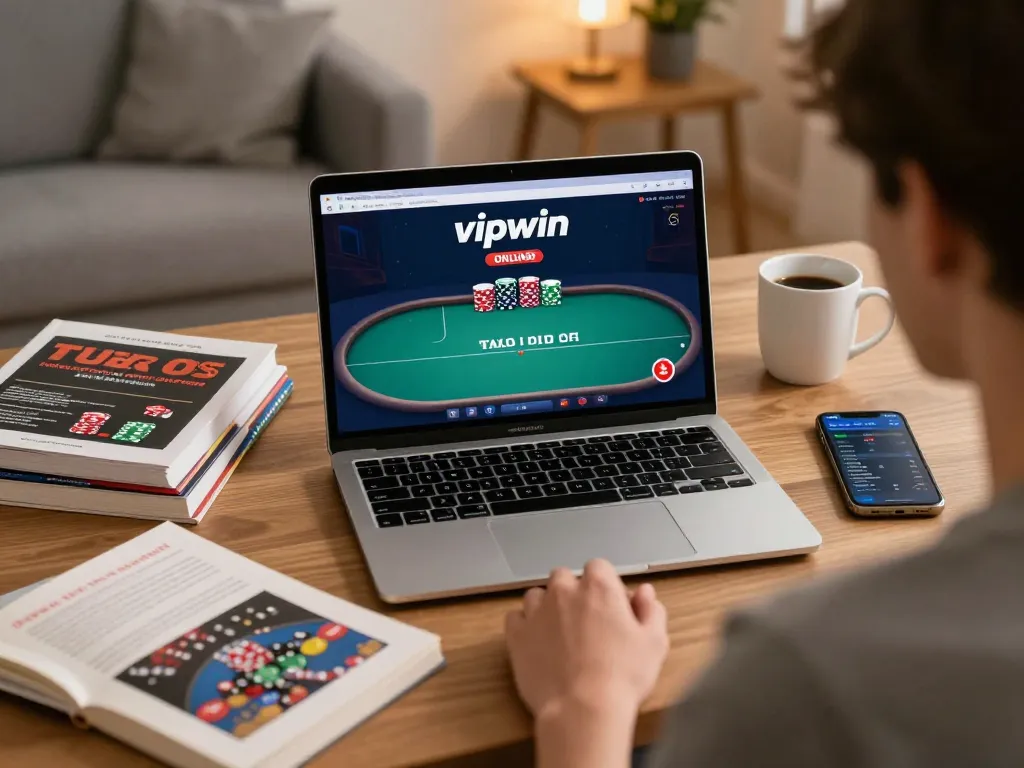 Person engaged in vipwin online poker session at home with strategic books surrounding.