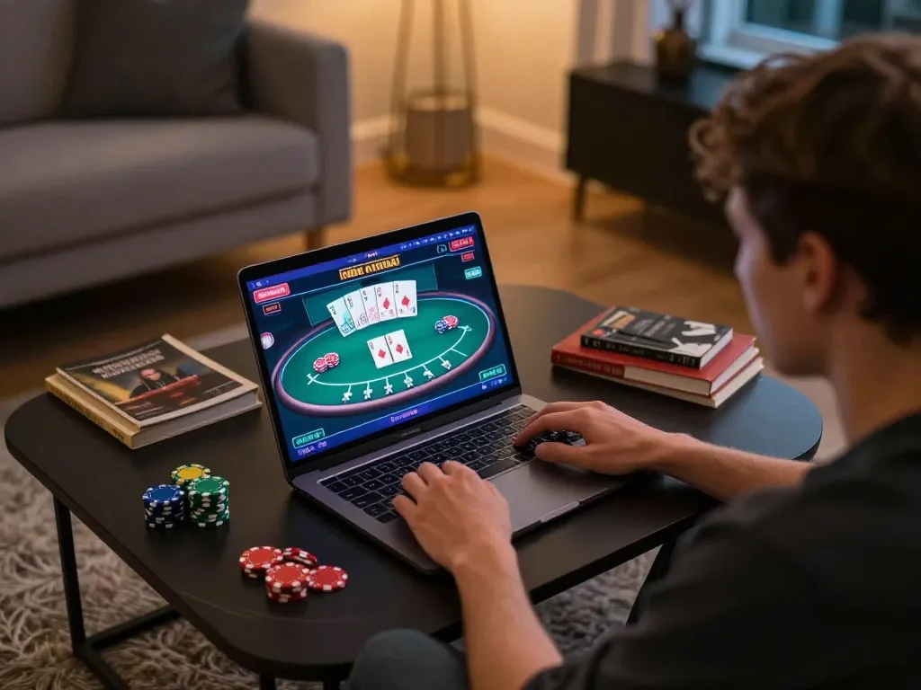 sunwin online gaming setup showcasing a player engaged in digital poker with strategic cards displayed
