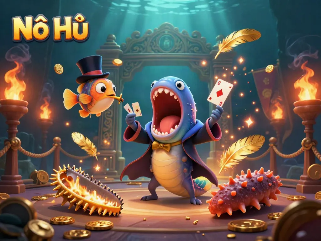 Nổ Hũ showcases vibrant underwater casino magic with characters performing tricks in an exciting scene.