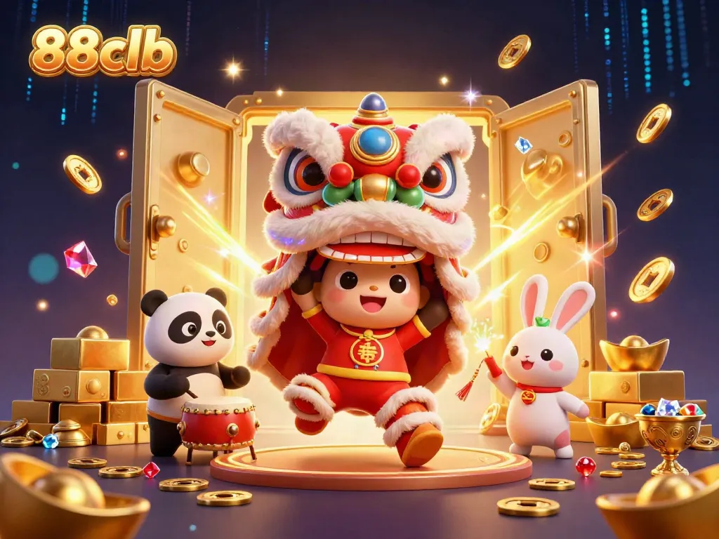 88clb players enjoying winning moments in an ultra-detailed casino scene featuring vibrant characters and rich treasures.