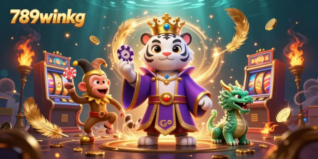 Engage with 789winkg by exploring a lively casino scene featuring iconic characters and shimmering slot machines.