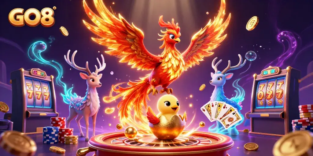 Experience the thrilling GO8 casino world with animated phoenix and gems in a vibrant 3D scene.