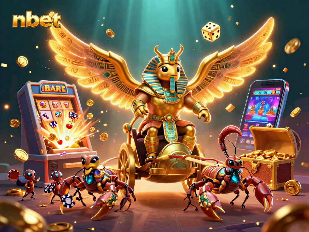 nbet features a colossal scarab beetle amidst a vibrant casino adventure with jackpot elements.