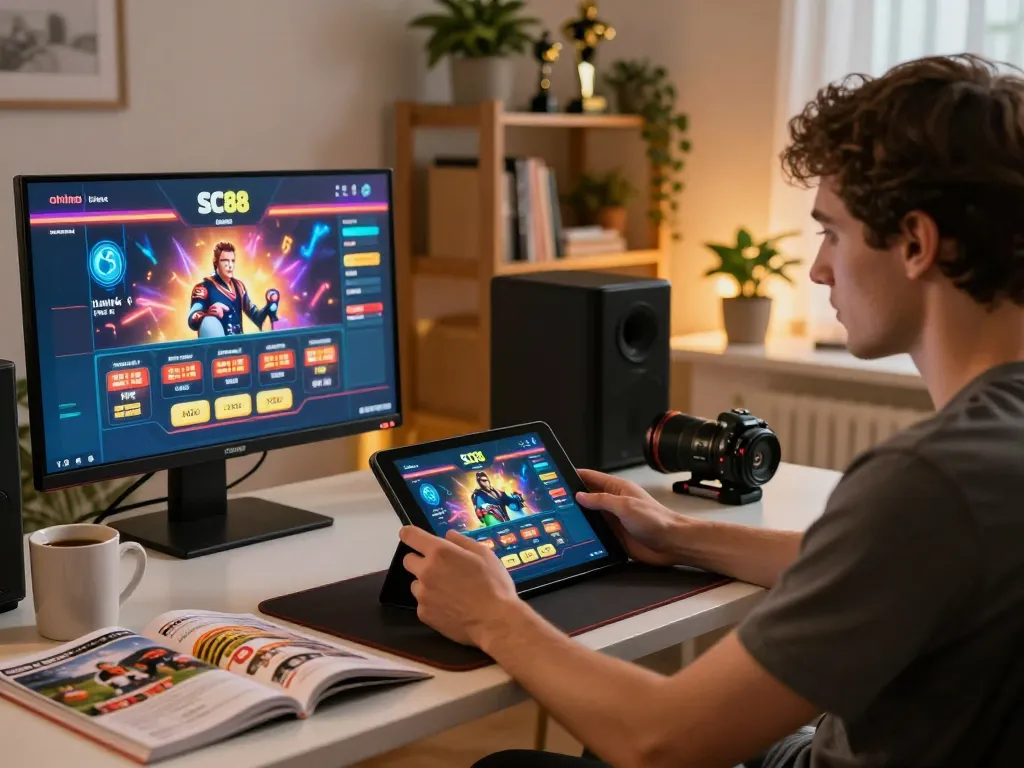 Player strategizing on SC88 online casino games at a cozy home desk
