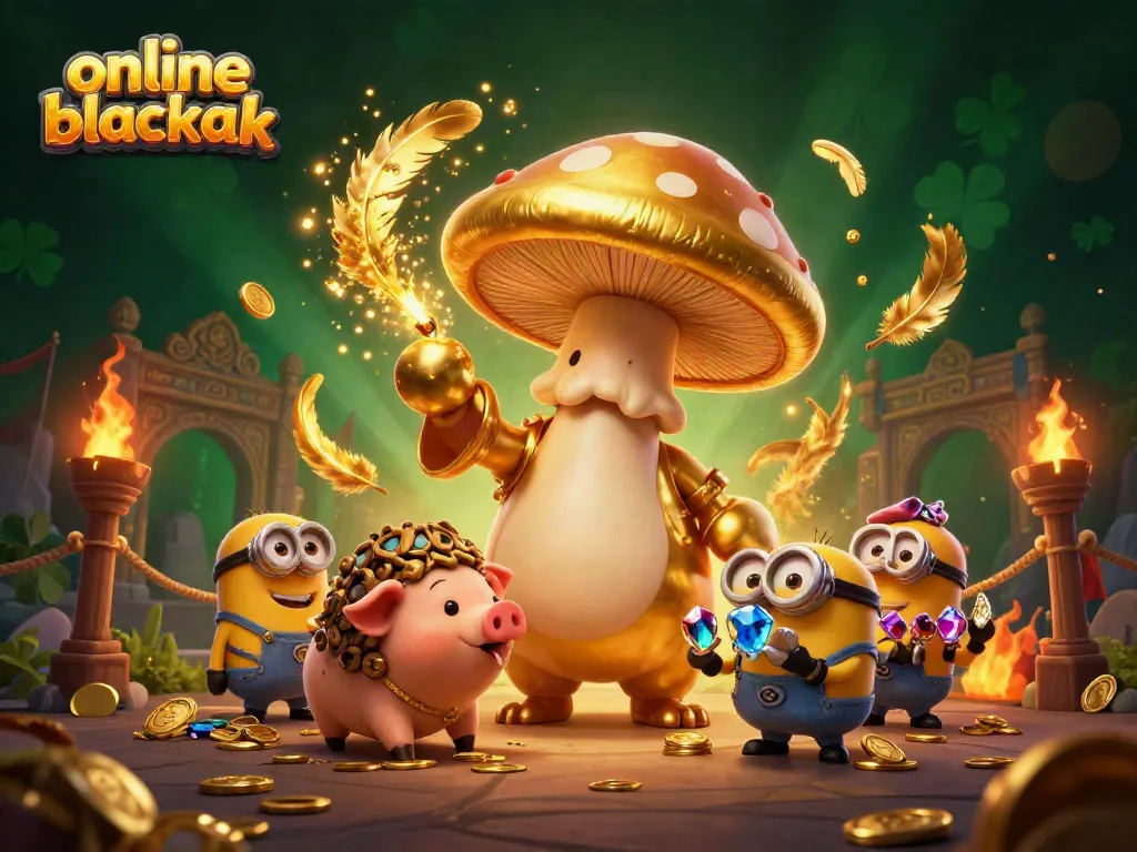 Engage in online blackjack with a whimsical wizard and treasure-hunting pig amidst golden game elements.