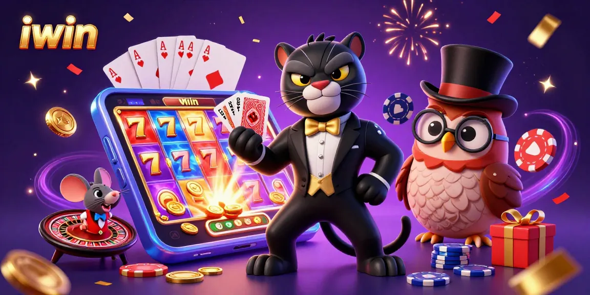 Experience the excitement of iwin casino with a stylish panther dealing cards and festive theme.