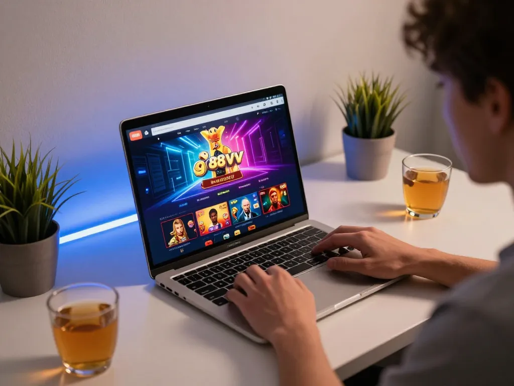 Engaging on go88vv online casino with vibrant graphics and cozy gaming setup.
